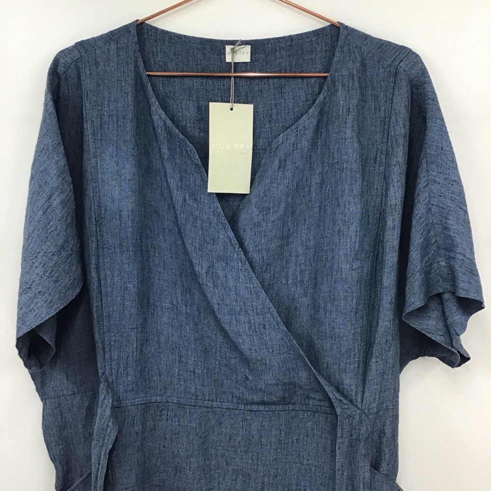 NWT POETRY Petrol Blue Linen Tie Back Midi Dress 18 Lagenlook Art To Wear Pocket - Picture 13 of 13